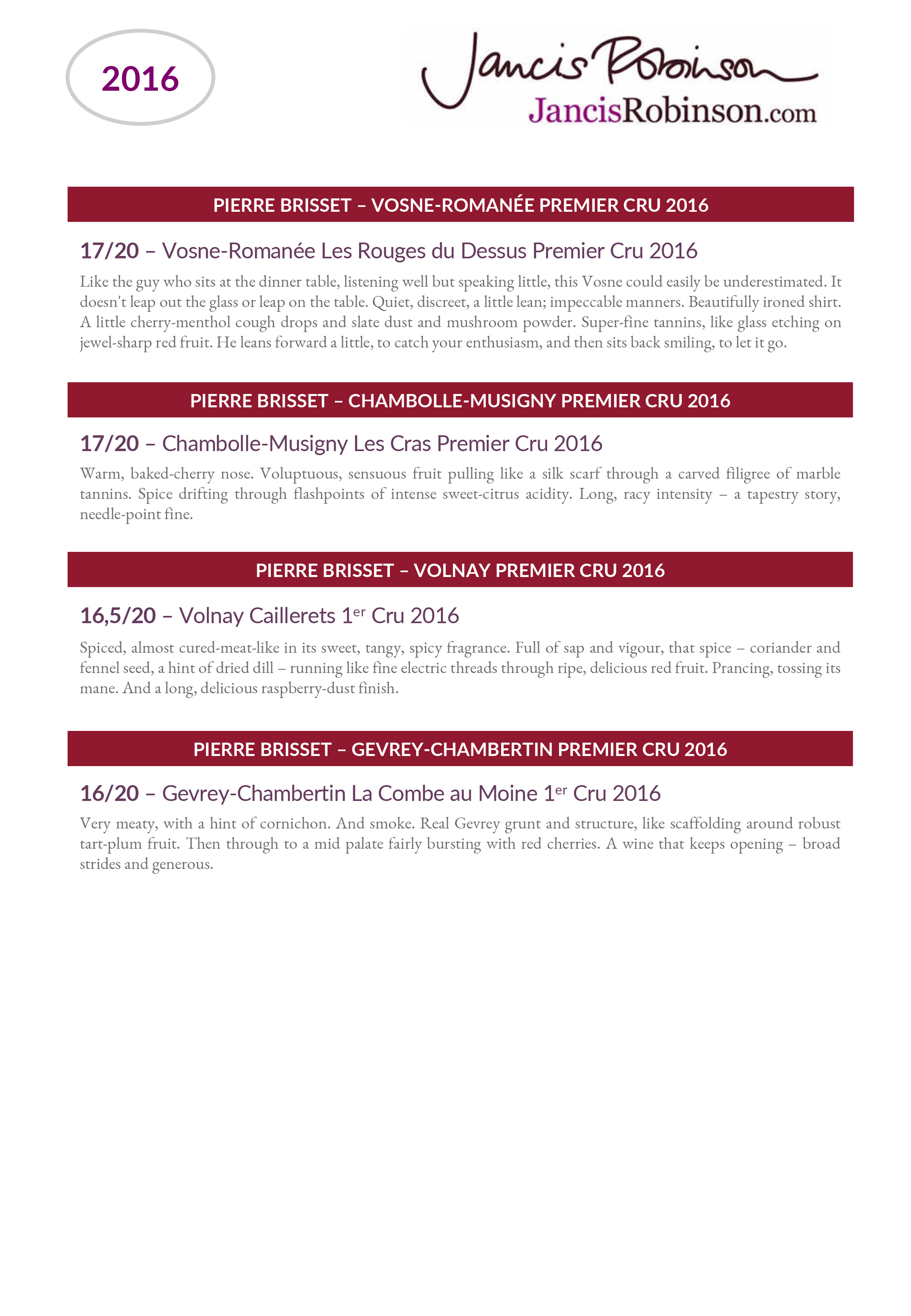 Vins rouges Pierre Brisset millesime 2016 : Notes de degustation de Jancis Robinson
