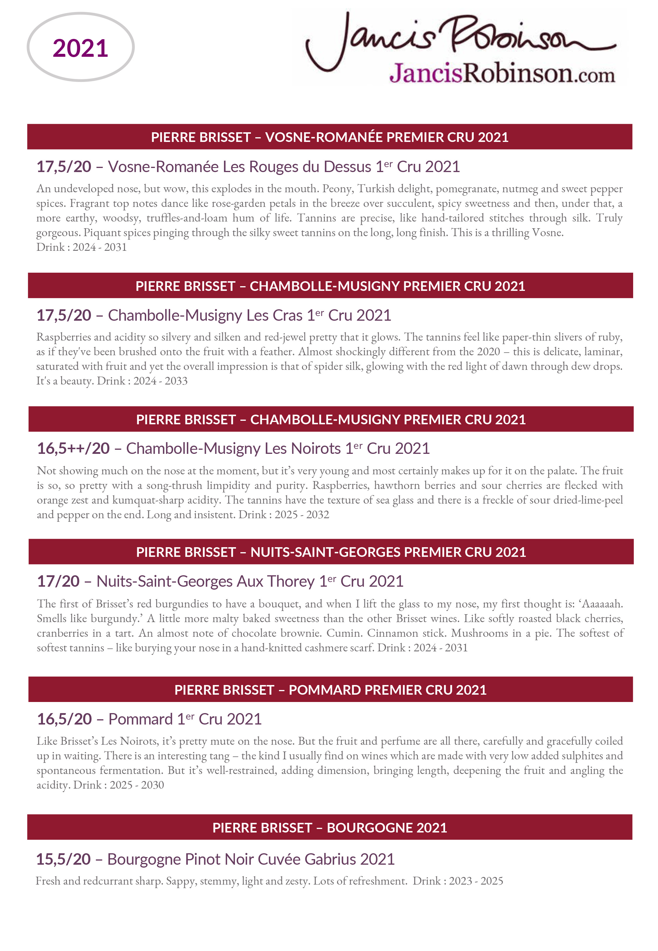 Vins rouges Pierre Brisset millesime 2021 : Notes de degustation de Jancis Robinson