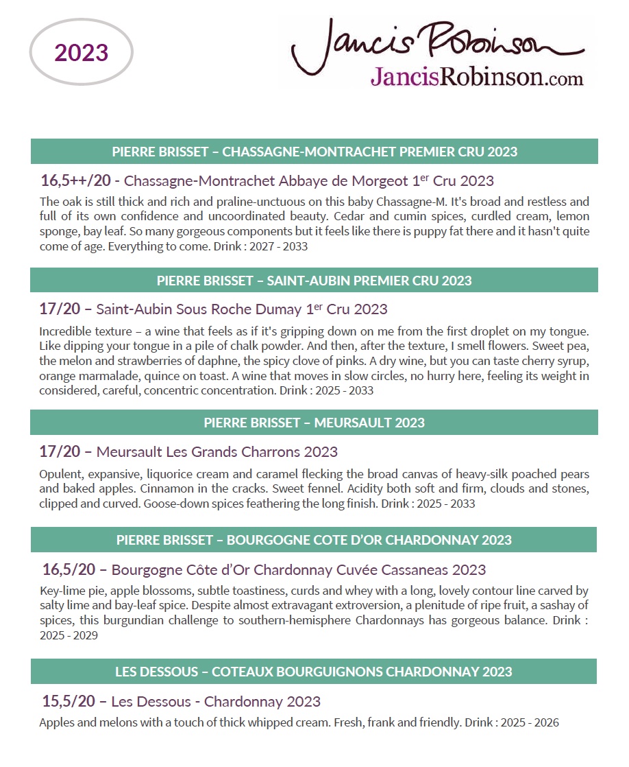 Notes de degustation Jancis Robinson des vins blancs Pierre Brisset 2023