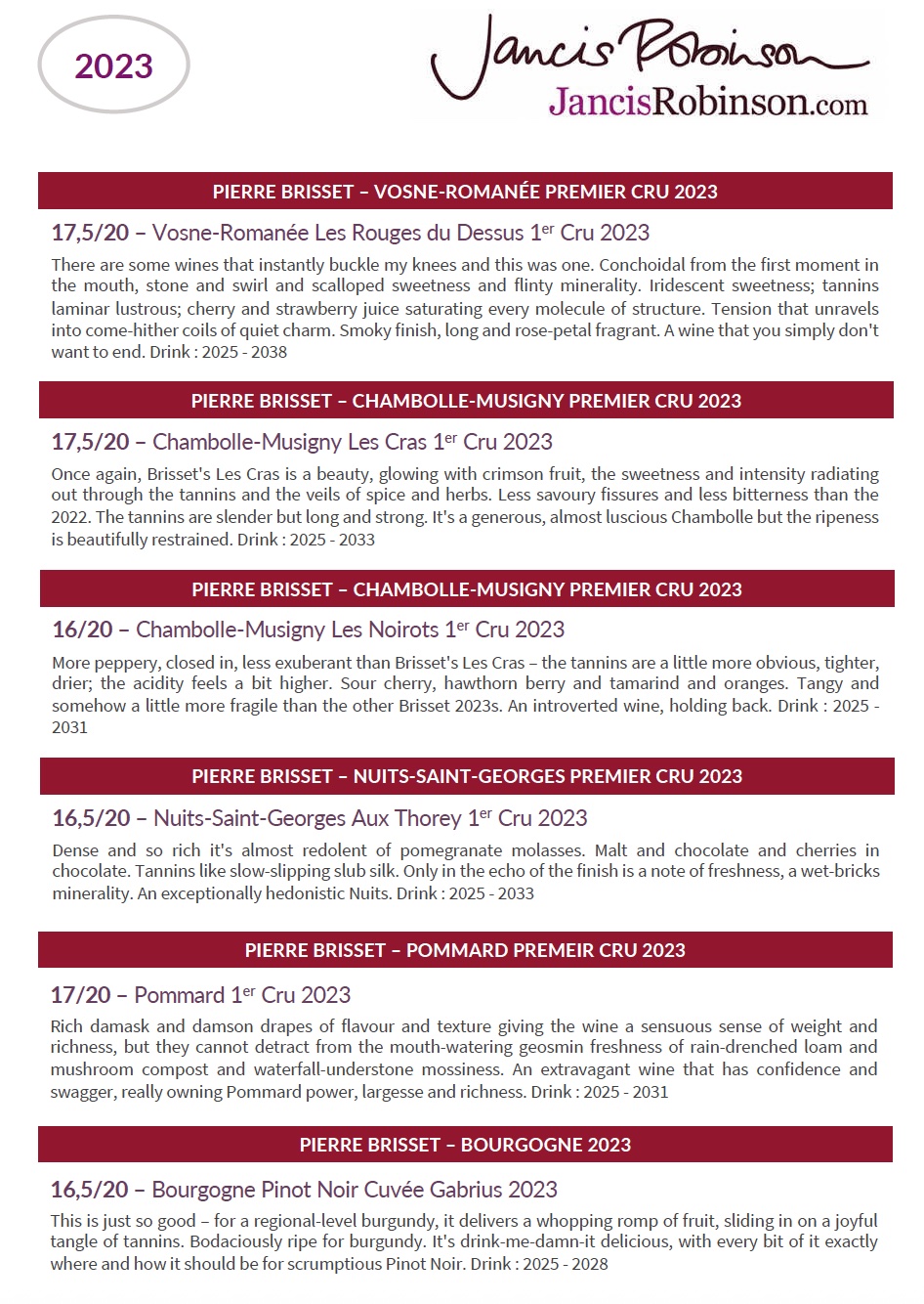 Notes de degustation Jancis Robinson des vins rouges Pierre Brisset 2023